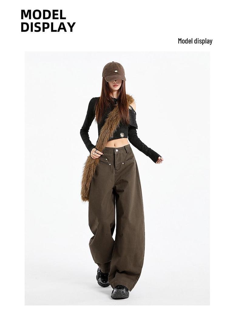 Women's Coffee Wide-Leg Jeans: Curved Cut, 2025 Fall/Winter, Loose, Slimming, Versatile, Floor-Length.