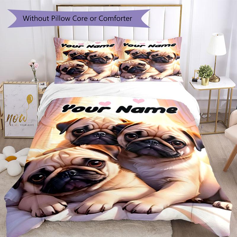 3PC Custom Name Pug Dogs Heart Background Bedding Set Printed Bedding Set Duvet Cover Closure Includes 1 Duvet Cover & 2 Pillowcases for All Seasons B