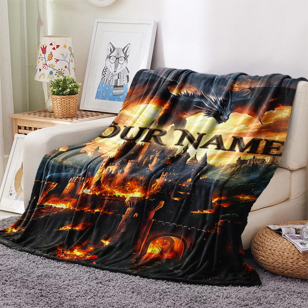 1PC Custom Name Dragon Castle Burn Patterned Flannel Blanket Suitable For All Seasons for Home Decor Warmth and Comfort Gifts Holiday Present_lx