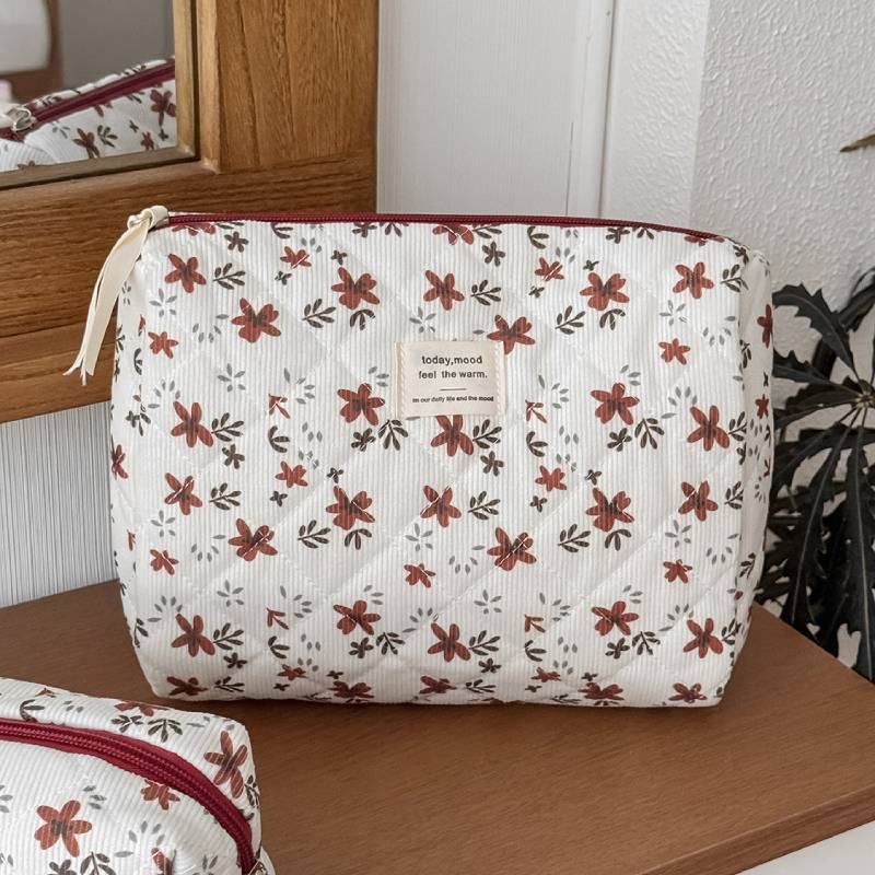 Corduroy Floral Makeup Bag With Large Capacity For Daily Travel And Storage