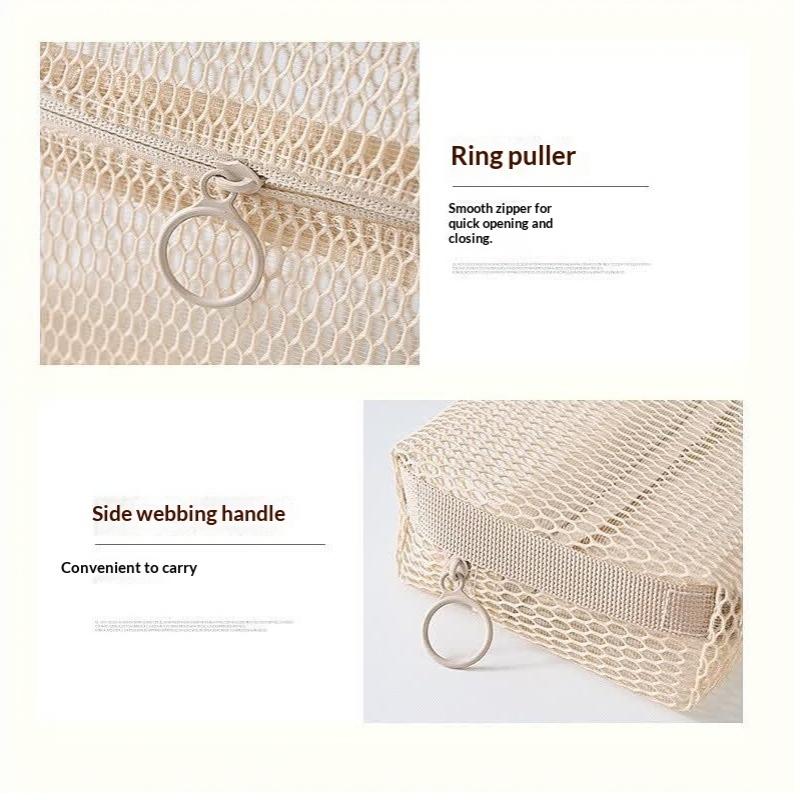Beige Zipper Mesh Storage Bags Tear Resistant Breathable Visible Organizer for Business Trip Toiletries Makeup Storage