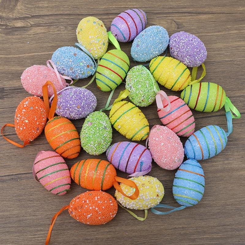6PCS Set Easter Decorations Ornaments Bright Color Striped Foames Eggs Decorations for Easter Holiday Occasion