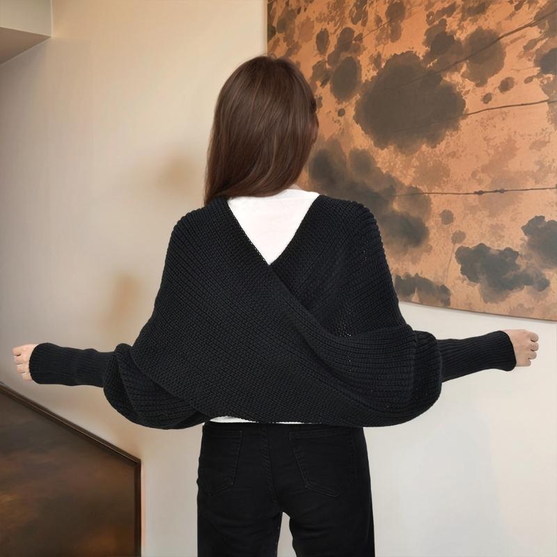 Womens Crossed Back Knitted Cover Up Scarf with Sleeves Sweater Shawl Wrap Shrug Layering Solution For Chilly Environment
