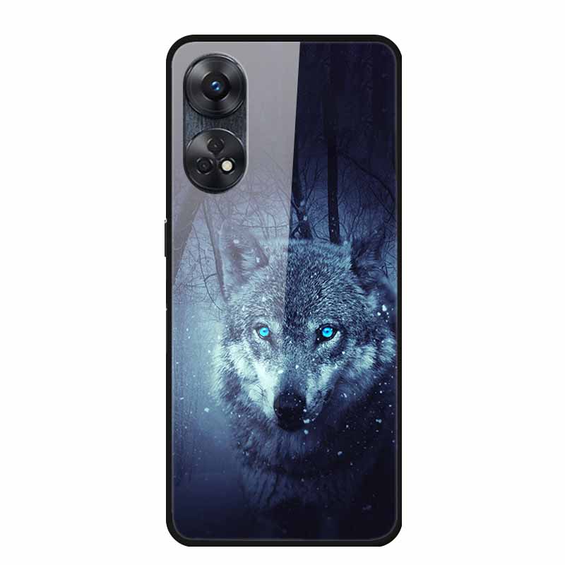 For Oppo Reno8 T 4G Case Luxury Tempered Glass Back Cover Hard Case For Reno8 T 4G 6.43" Capa Funda Animal Vividly Coque Wolf