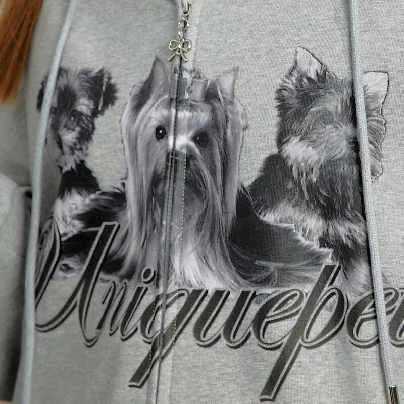 UNIFREE Women's Retro Dog Print Double-Zip Hooded Sweatshirt