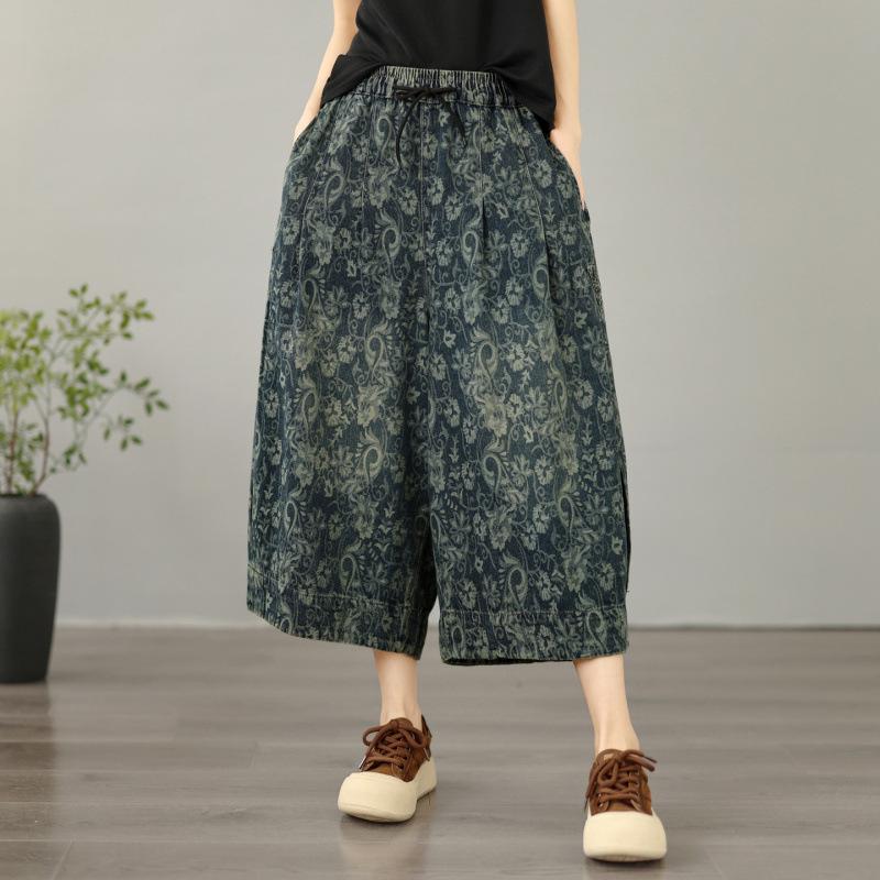 Nieuwe Plus Size Bloemen Jacquard Zacht Denim Wijde Pijp 7/8 Broek - Casual Zomer Mode