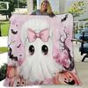 Cute Pink Ghost Pumpkin Pattern Flannel Throw Blanket Soft Lightweight Bed Sofa Cover, Decorative Fall Halloween Holiday Gift for Home Living Room
