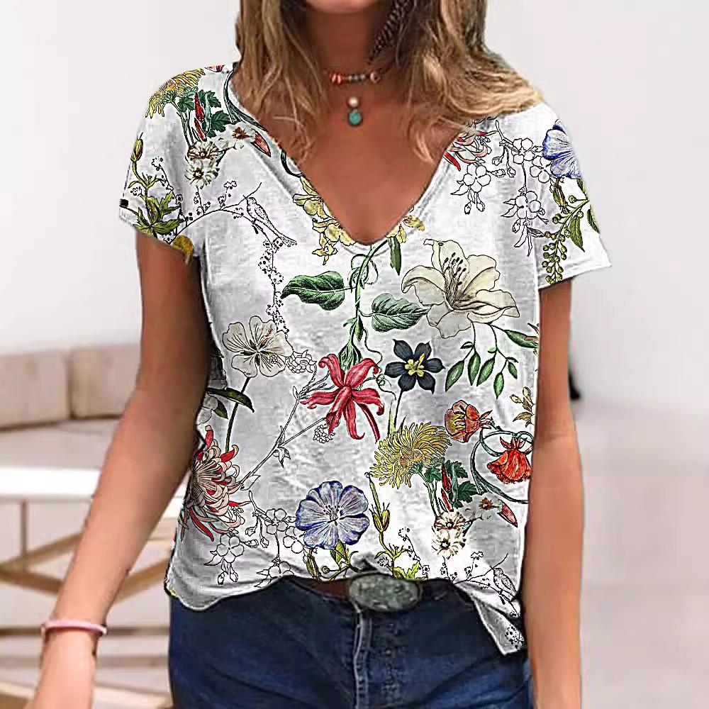 Nuevas Camisetas de Mujer Florales Estampado 3D Verano Cuello en V Manga Corta Camiseta Y2K Camisetas Largas Harajuku Ropa Femenina