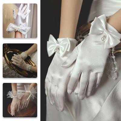 Neue Bowknot Perle Spitze Satin Handschuhe Frauen Braut Elegante Hochzeit Party Sonnencreme Hand Fäustlinge Hochzeit Party Zubehör