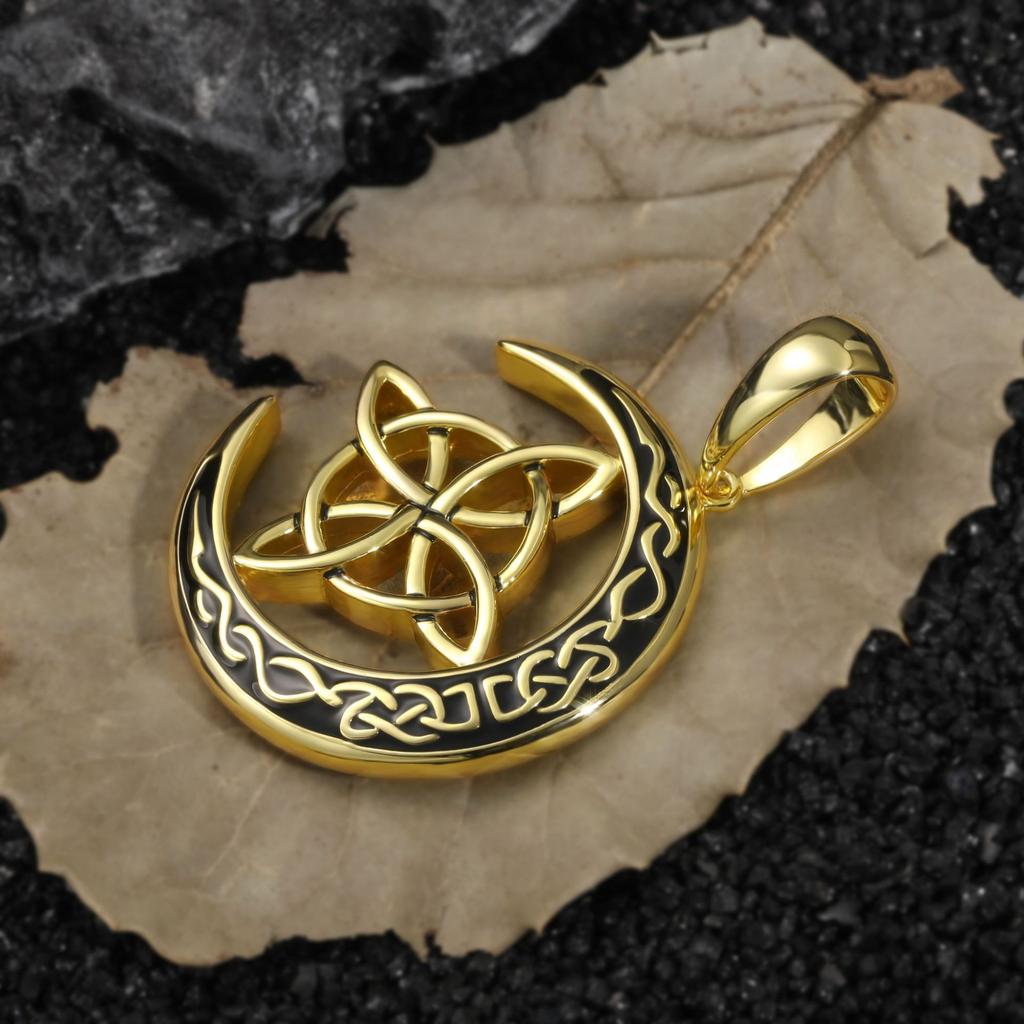 Viking Style Brass Celtic Trinity Knot Moon Pendant Necklace Jewelry