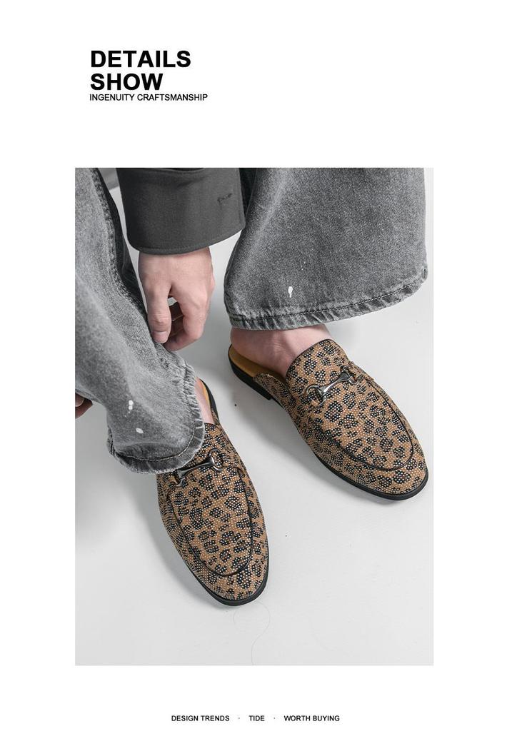 Men's Leopard Print Closed-Toe Backless Leather Slippers - Korean Style Versatile Summer Shoes