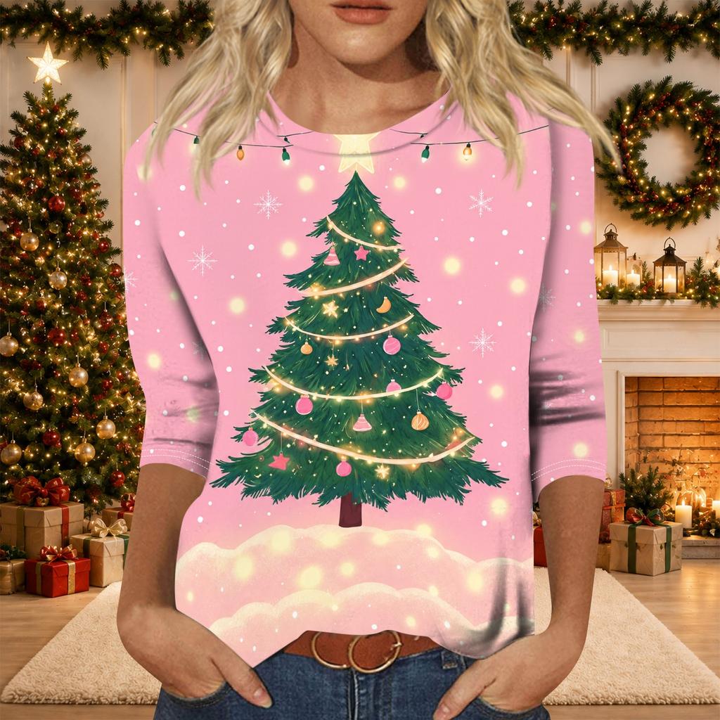 Women's Casual Christmas Print Three-Quarter Sleeve Neck Blouse
