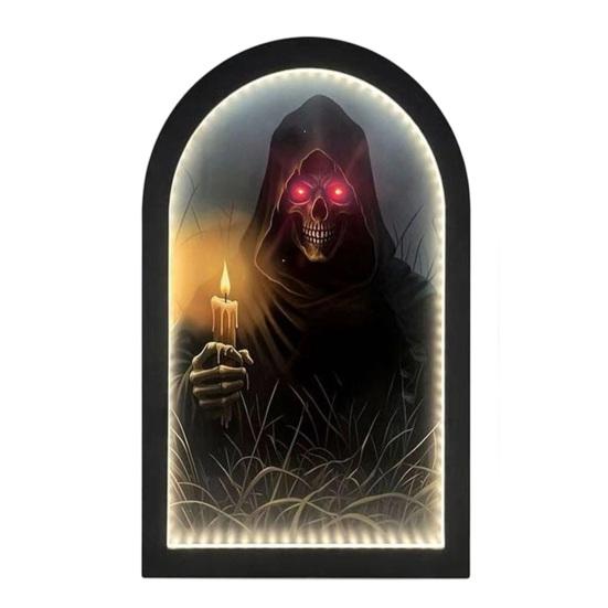 Acrylic Wood Spooky Sign Halloween Glowing Ghost Mirror, USB Light Up Scary Ghosts, Hologram Mirror Decoration Prank Decor for Haunted House