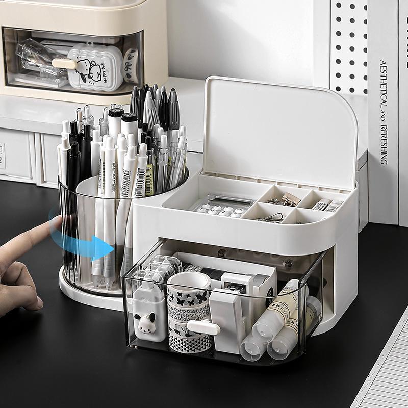 

Office Desk Stationery Organizing Storage 360-degree Rotating Pen Holder Drawer-style with Lid Large Capacity Storage Box