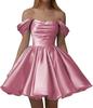 European and American one-word shoulder dress new satin short pleated dance wedding party dress daily dress