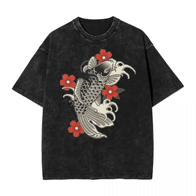 Koi And Sakura Washed T Shirts Streetwear Hip Hop Vintage T-Shirt Fish and Flowers Tees Tops for Men Women Short Sleeve Summer