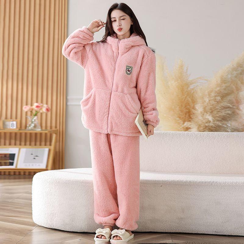 Womens Coral Fleece Pajama Set With Hooded Top Long Pants Warm Thick Soft Lounge Wear Home Or Light Outdoor Use