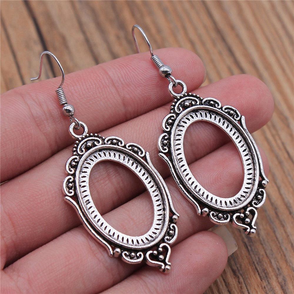 Drop & Dangle Earring Oval Ear Hook Glass Cabochon Base Setting Tray Vintage Jewelry SuppliesEarring Size 18x19mm QE017