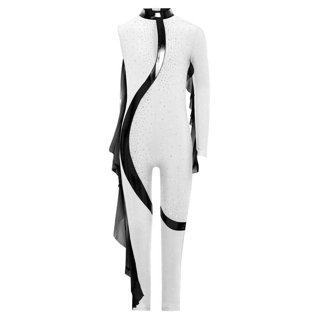 Girls Gymnastics Bodysuit Sheer Mesh Ruffles Design Asymmetrical Long Sleeve Invisible Zipper Full Body Leotard