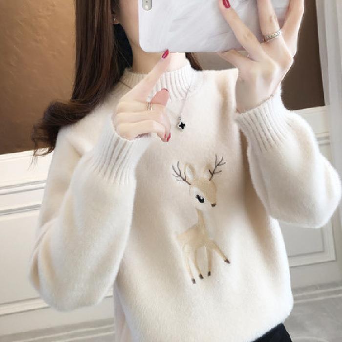 Sweter z golfem z wzorem jelenia, uroczy jesienno-zimowy sweter z długim rękawem, odzież damska