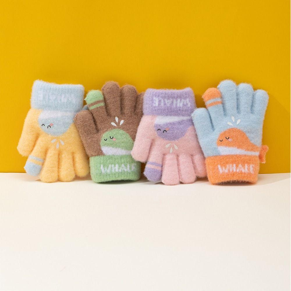 Warm Plush Winter Knitted Gloves Cute Whale Kids Gloves Cartoon Five-finger Gloves  Boys Girls