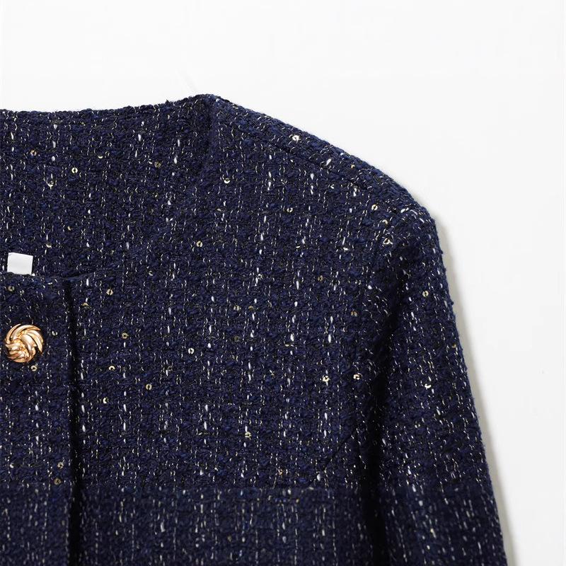 Women Tweed Jacket Round Neck Single Breasted Long Sleeve Belt Waist Pocket Elegant Outerwear Coat