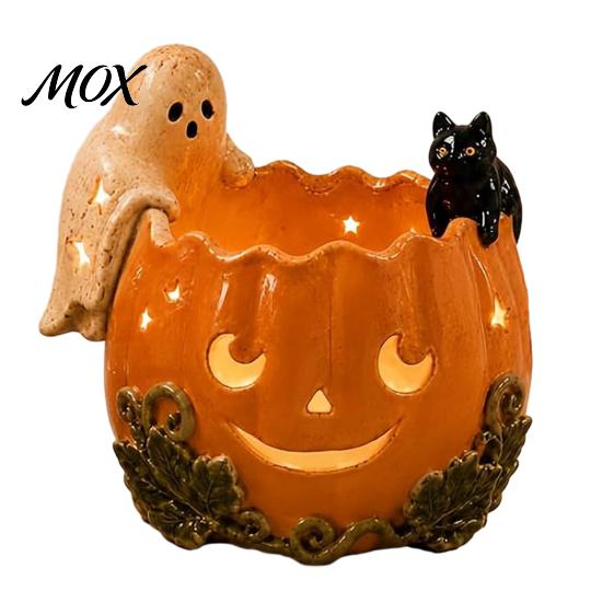 Halloweenový svícen Držák na dýni, Pryskyřičný Duch Černá Kočka Čajová svíčka Podzimní Sklizeň Stolní Dekorace Stojan, Retro Opotřebovaný Dekorativní Ornament