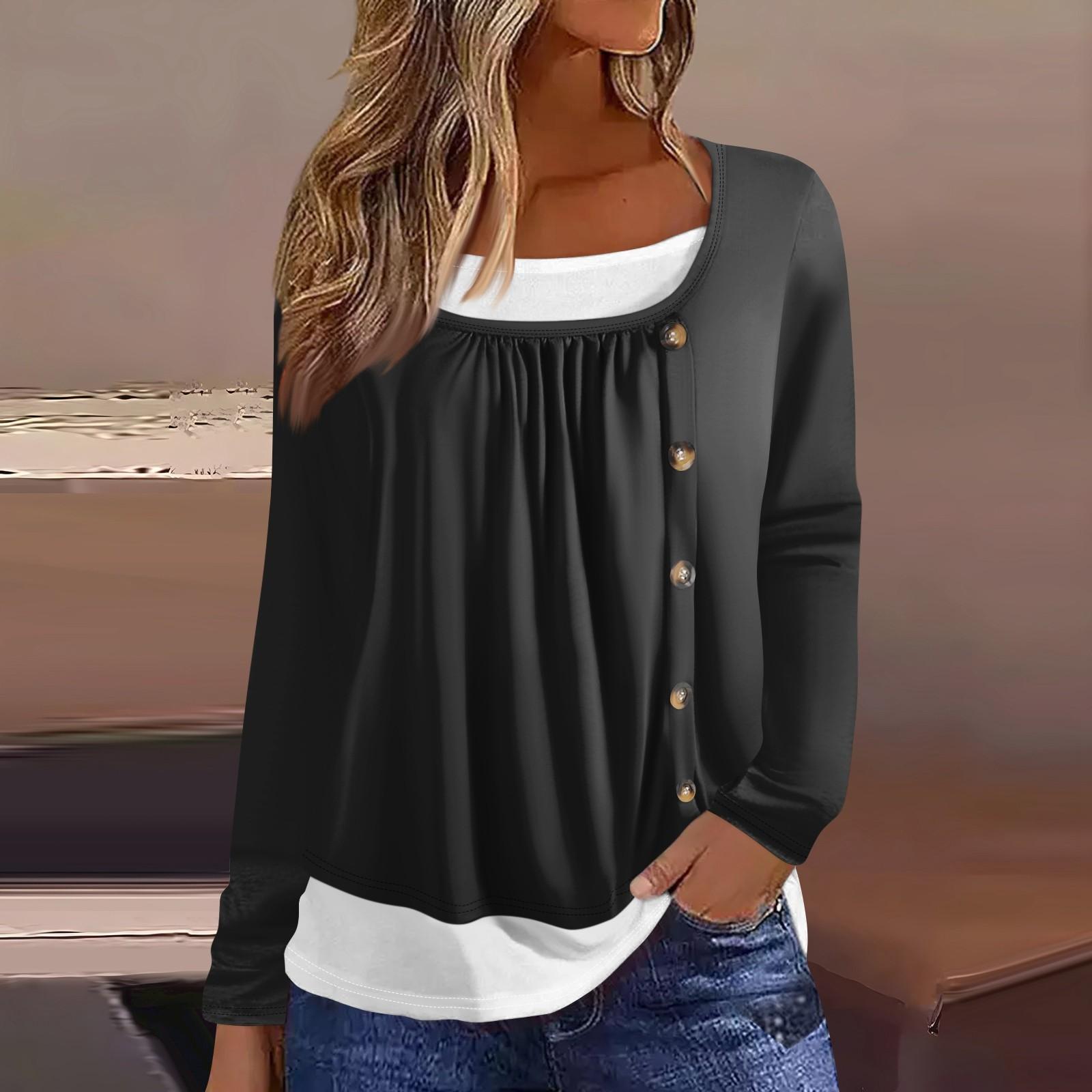 

Женская футболка с принтом, длинный рукав, поддельные две части, повседневная мода на выходные, базовый обычный топ XXL чёрный