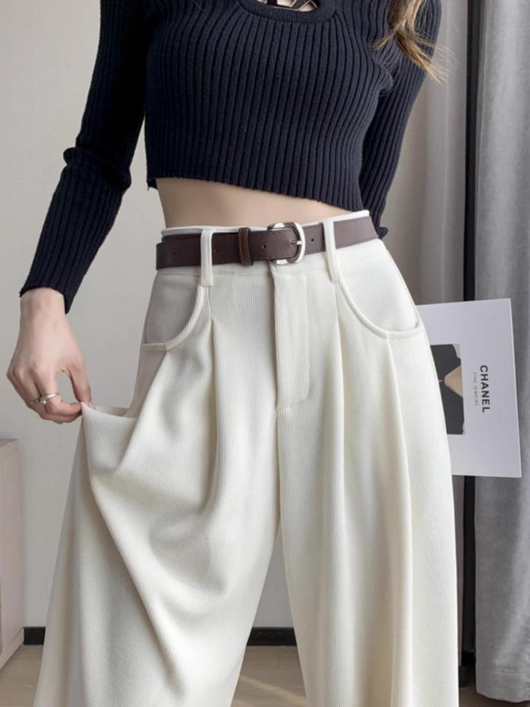 Damen Off-White Cord & Samt High-Waist Hose - Herbst/Winter Lässiger Chenille Weitbein-Stil