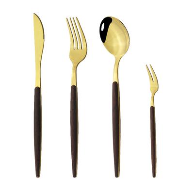 Geschirr-Set mit Holzgriff, 4-teilig, Goldbesteck, Besteck-Set, Kaffeelöffel, Abendessen, Messer, Fischgabel, Besteck, Geschirr-Set