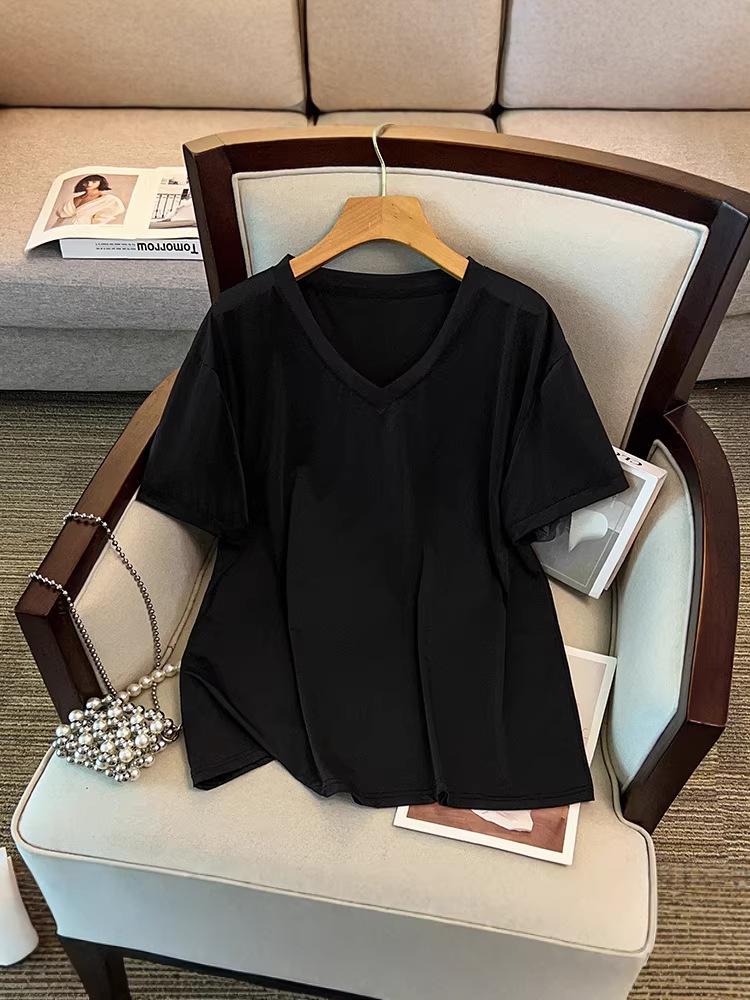 Versatile Slimming V-Neck Quick-Dry Plus Size Women's Top - Summer Short Sleeve, Solid Color, 300 Jin Capacity