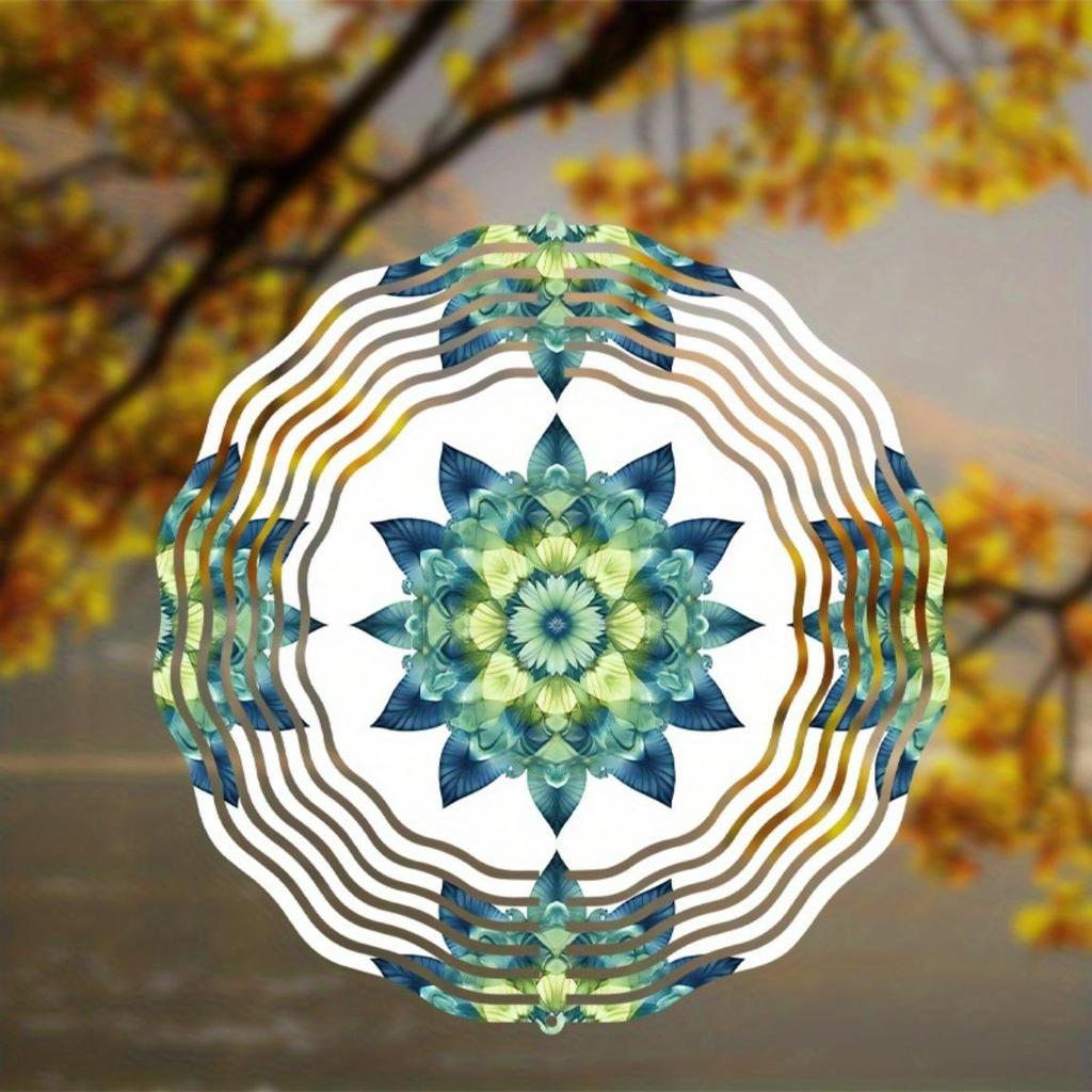 Lebhaftes Petrolblau 10 Zoll Mandala Blume Windspiel Metall Hängedekor für Garten Balkon Alle Jahreszeiten 360 Grad Haken Außendekor
