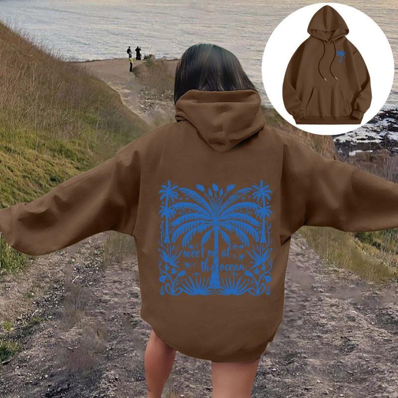 Womens Oversized Hooded Sweatshirt With Palm Tree Print Drop Shoulder Long Sleeve Fleece-Lined Casual Streetwear