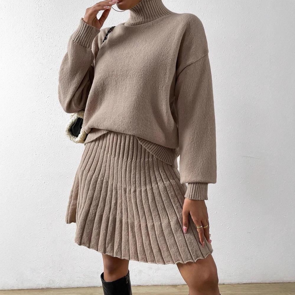 2024 Autumn Women's Solid Color Semi-High Neck Knitted Top and Pleated Skirt Set