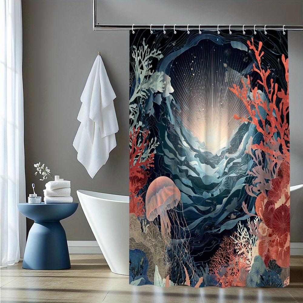 1Pc Ocean Scenery Shower Curtain, Vibrant Underwater World Theme With Jellyfish And Coral Pattern, Polyester Fabric, Includes