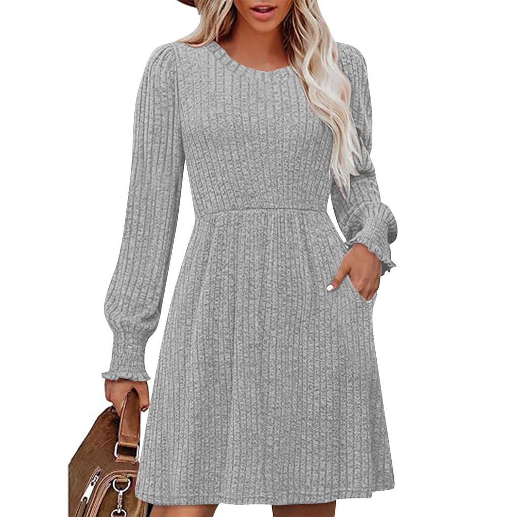 Women's Fashionable Loose-Fit Long-Sleeved Round-Neck Patchwork Solid-Colour Dress