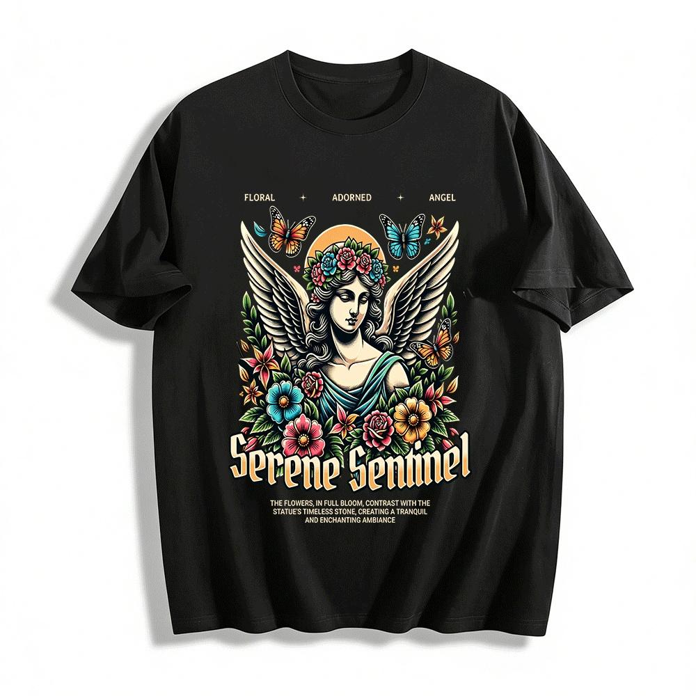 

Vintage Floral Winged Angel Serene Sentinel Graphic Tee Pure cotton T-shirt 6XL