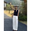White cotton-linen wide-leg pants for women, 2026 spring-summer casual high-waisted drapey relaxed trousers
