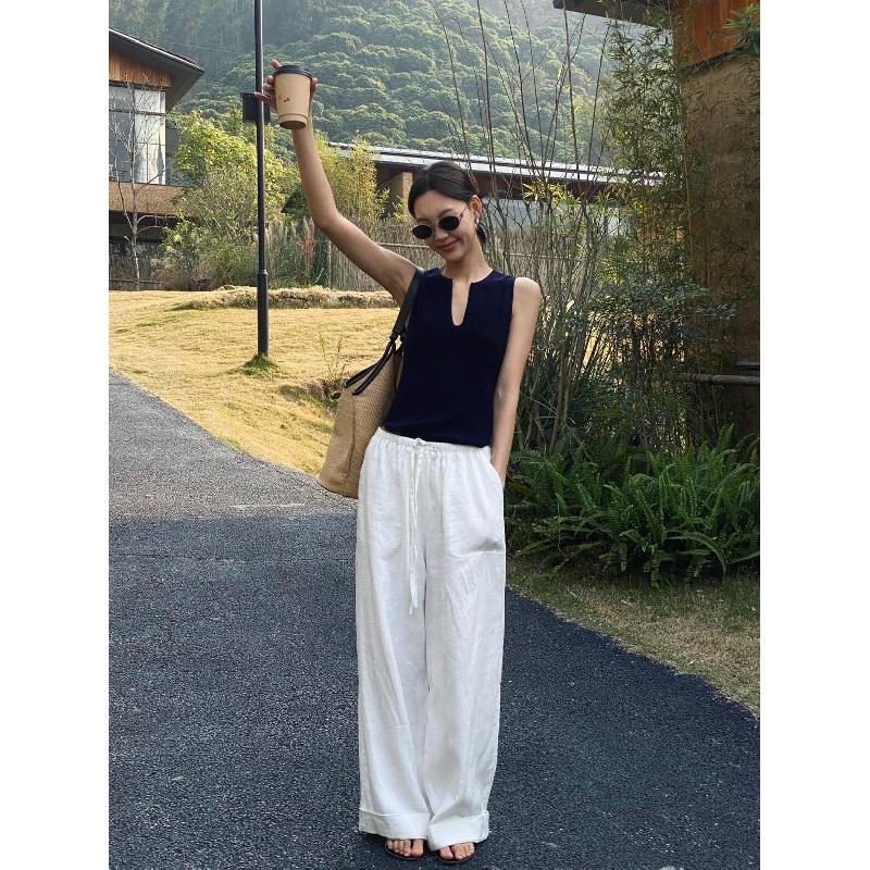 White cotton-linen wide-leg pants for women, 2026 spring-summer casual high-waisted drapey relaxed trousers