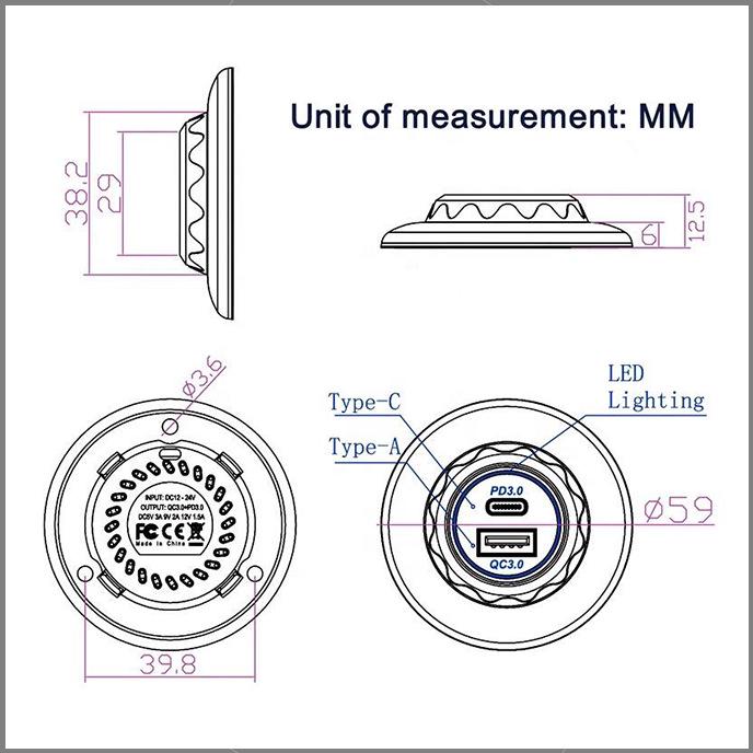Dual USB QC 3.0 & PD USB-C Panel Mount Car Charger 12V
