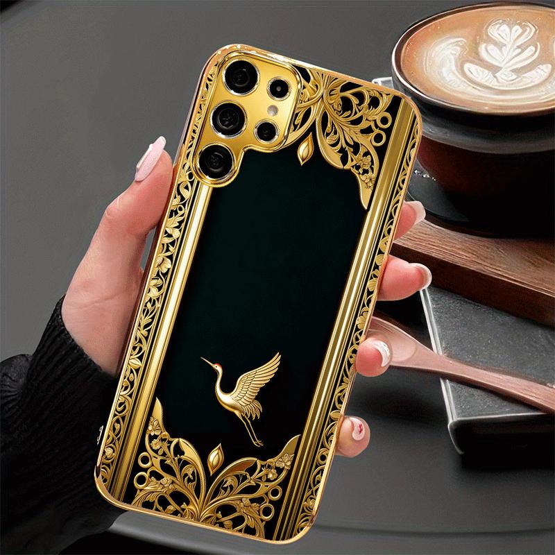 Schwarzgold Luxuriös Goldener Kran Hochwertige Galvanisierte Glas Handyhülle für Samsung Galaxy S26 S25 S24 S23 S22 FE, Ultra, Plus