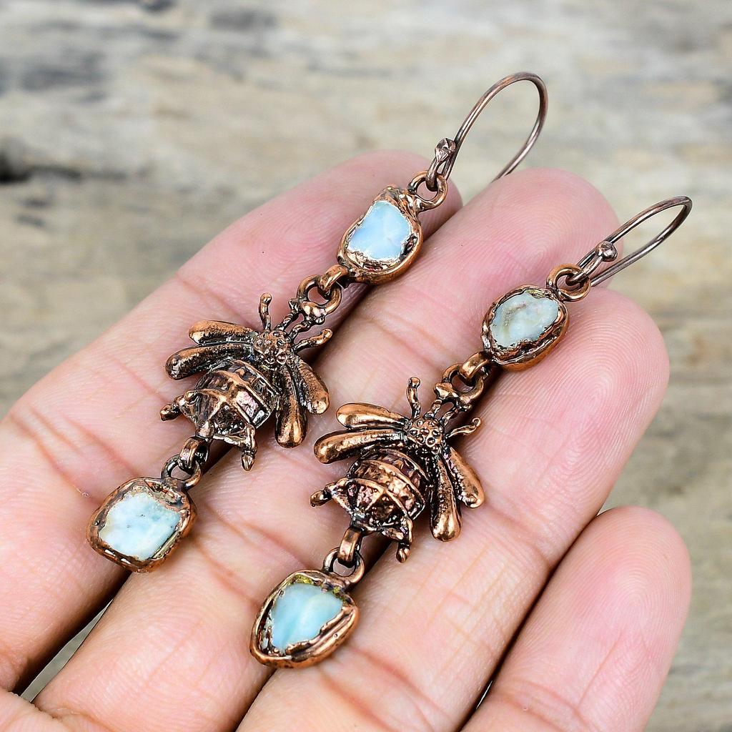 Larimar Rough Earring Electroformed Copper Earring Honey Bee Jewelry Gemstone Earrings Copper Jewelry Engagement Gifts Handmade Drop Earring