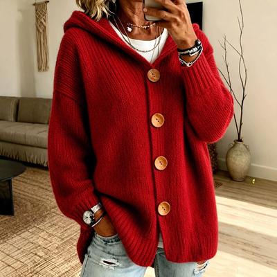 2026 Autumn/Winter Women's Solid Color Hooded Knit Cardigan Sweater with Four Buttons - Casual Fashion.