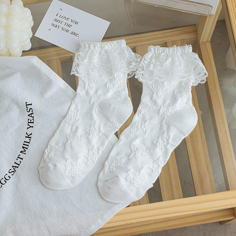 Lolita Style Japanese Kawaii Women Socks Cute Frilly Ruffle Socks Solid White Black Mesh Lace Girls Sweet Harajuku Short Socks
