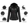 Women's Removable Hooded Faux Leather Jacket Motocross Racer Biker Double Zip Slim PU Motorcycle Short Moto Coat Classic Bomber Outerwear S-7XL