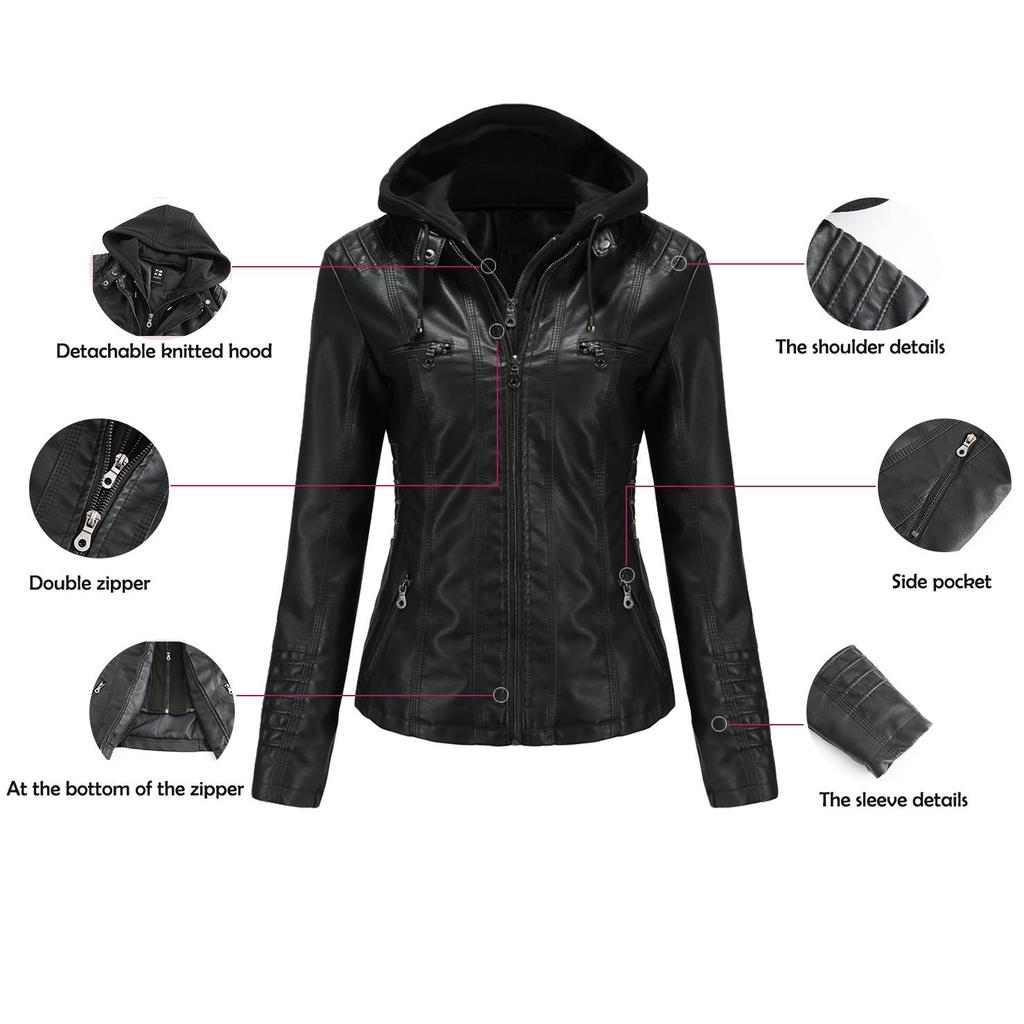 Women's Removable Hooded Faux Leather Jacket Motocross Racer Biker Double Zip Slim PU Motorcycle Short Moto Coat Classic Bomber Outerwear S-7XL
