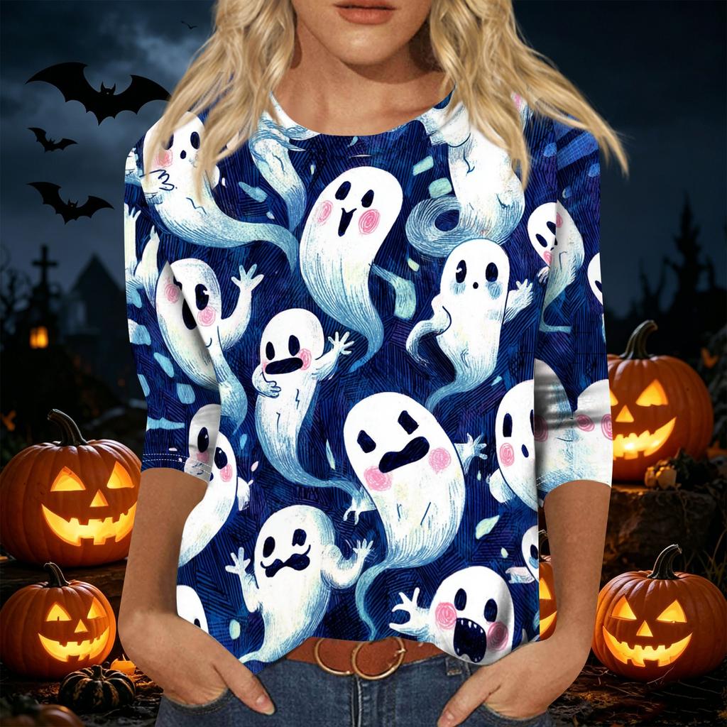 Women's Casual Halloween Print Crew Neck Three Quarter Sleeve T Shirt Top Lightweight Comfortable Relaxed Fit