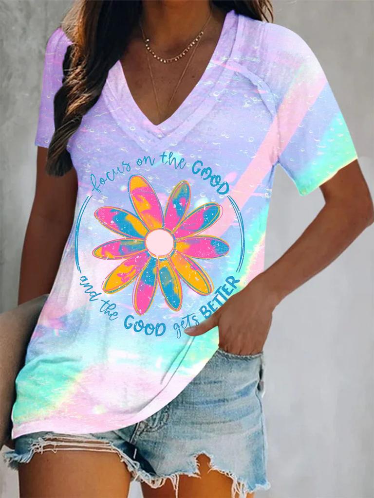 3D Printed Short Sleeve Butterfly Floral Print Women's V-Neck T-Shirt Summer Loose Women's Casual Short Sleeve Top