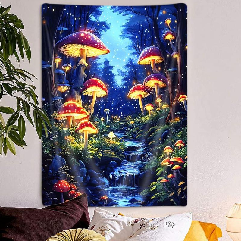 Mushroom Tapestry, Blue Fantasy Forest Tree Tapestries for Bedroom, Starry Night Plant Vertical Tapestries Aesthetic Poster Wall