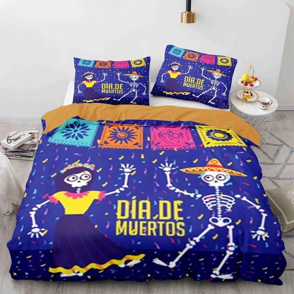 Sugar Skull King Queen Duvet Cover Funny Skeleton Halloween Bedding Set Gothic Spooky Bone Quilt Cover Polyester Comforter Cover